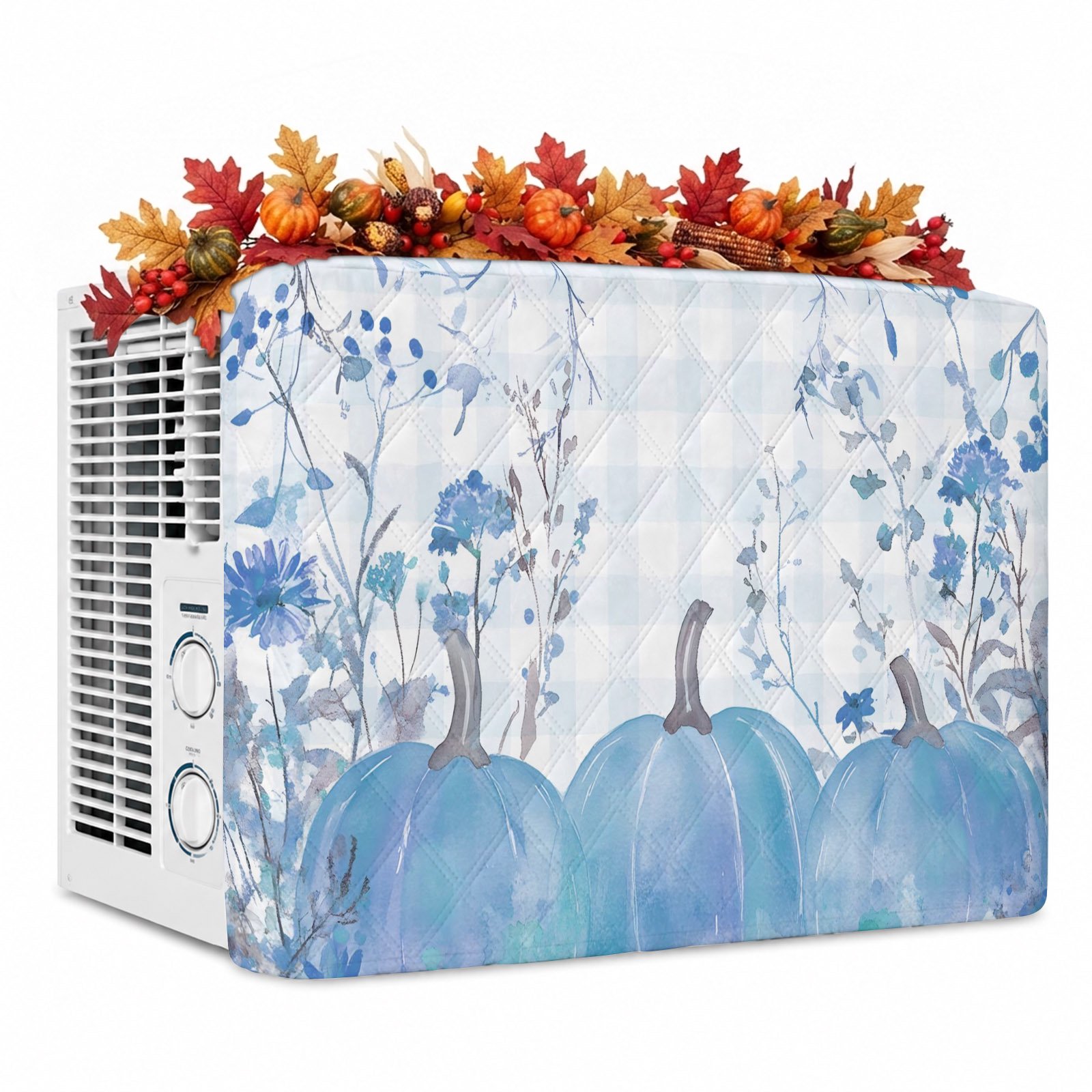 Blue Pumpkins Indoor Air Conditioner Covers Insulation AC Unit Cover with Drawstring Thanksgiving Maple Leaf Harvest Retro Plaid Waterproof Window Air Conditioner Covers for Inside 25 x18 x3.5