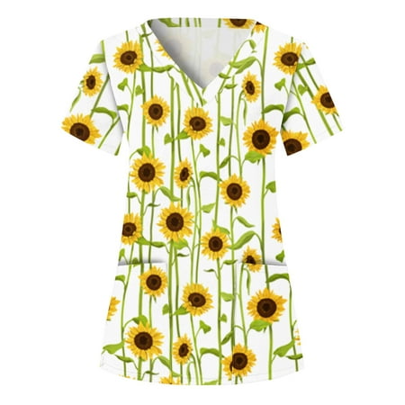 

Women Scrubs Tops V Neck Short Sleeve Tops Print T Shirt Casual Workwear Nurse Workwear