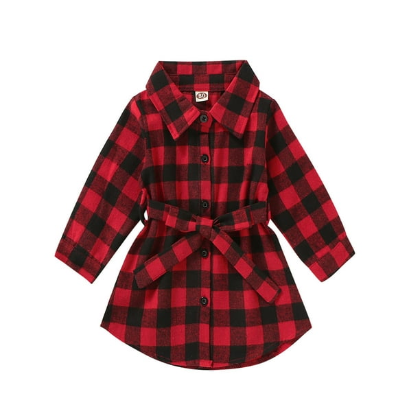 Vestidos a cuadros de cuadros de manga larga para ninas pequenas Vestido de camisa informal con botones XBTCLXEBCO Rojo 2 3 anos Walmart en linea