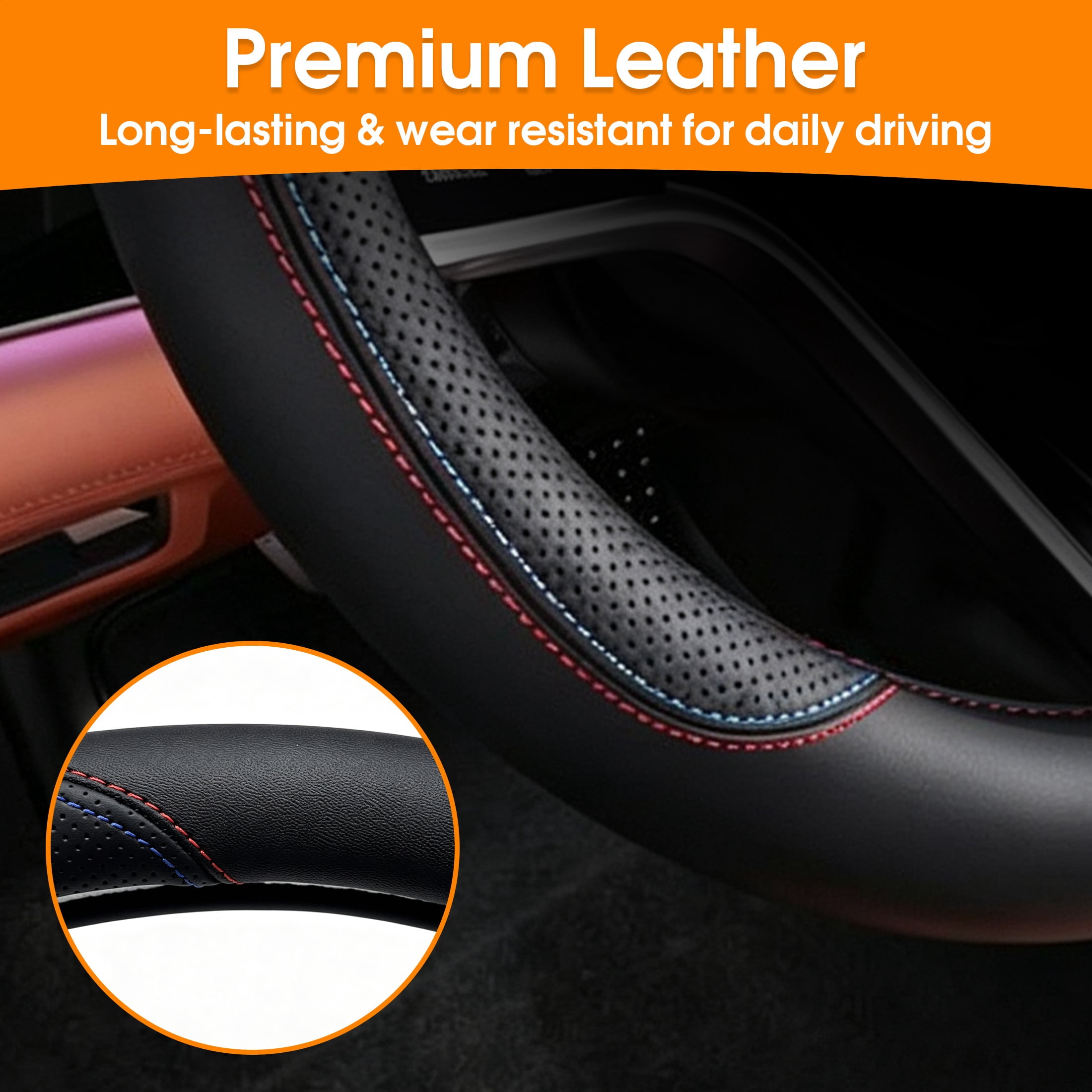 Car Steering Wheel Cover, Breathable Perforated Anti Slip Steering Wheel Protector, Universal Auto Steering Wheel Wrap for Most Vehicles, 14.5-15 Inch