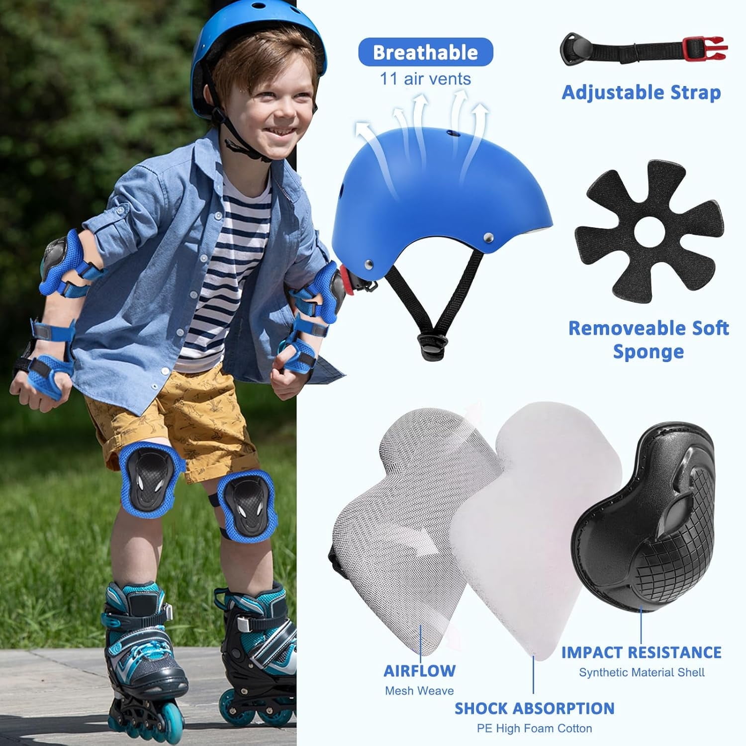 Yiomxhi Adjustable Kids Bike Helmet Set with Knee Elbow and Wrist Pads, Toddler Skateboard Helmet for Ages 3-5-8-14 Boys Girls, Protective Gear Set for Youth, for Scooters Rollerskates