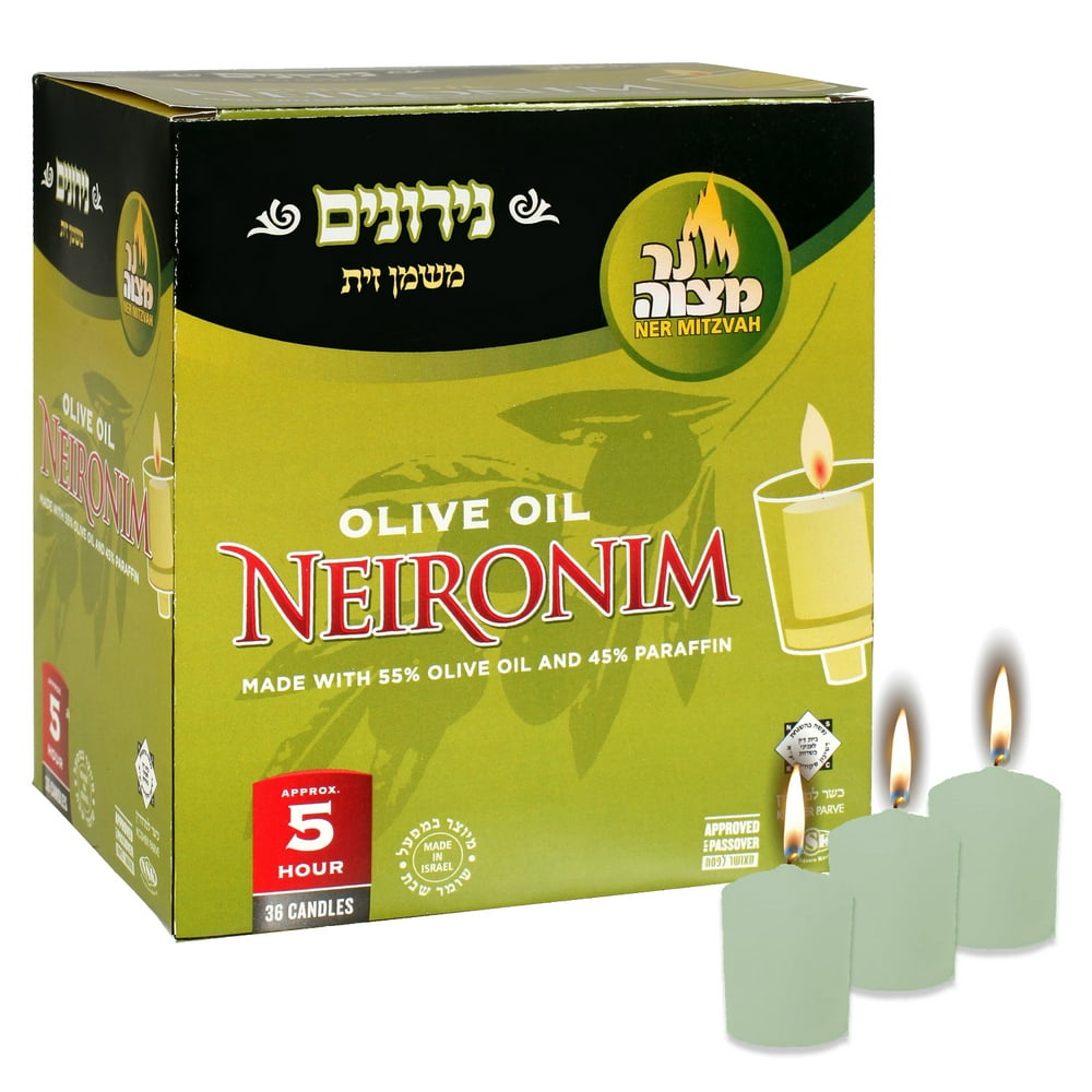 Ner Mitzvah, 5 Hour Bulk Olive Oil Neironim Votive Candles Green (36