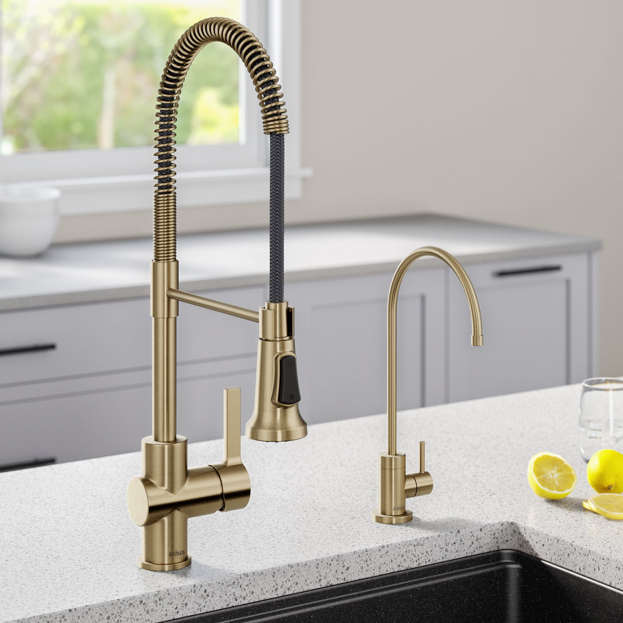 KRAUS Britt Commercial Style Kitchen Faucet and Purita Water Filter Faucet Combo in Brushed Gold