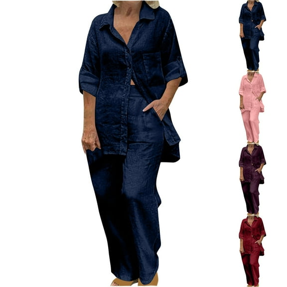 Dazajoo Womens 2 Piece Outfits Half Sleeve Cotton Linen Set Casual Lapel Collar Solid Shirt Matching Elastic Waist Pants with Pockets Weekly Sale,Purple,XXL