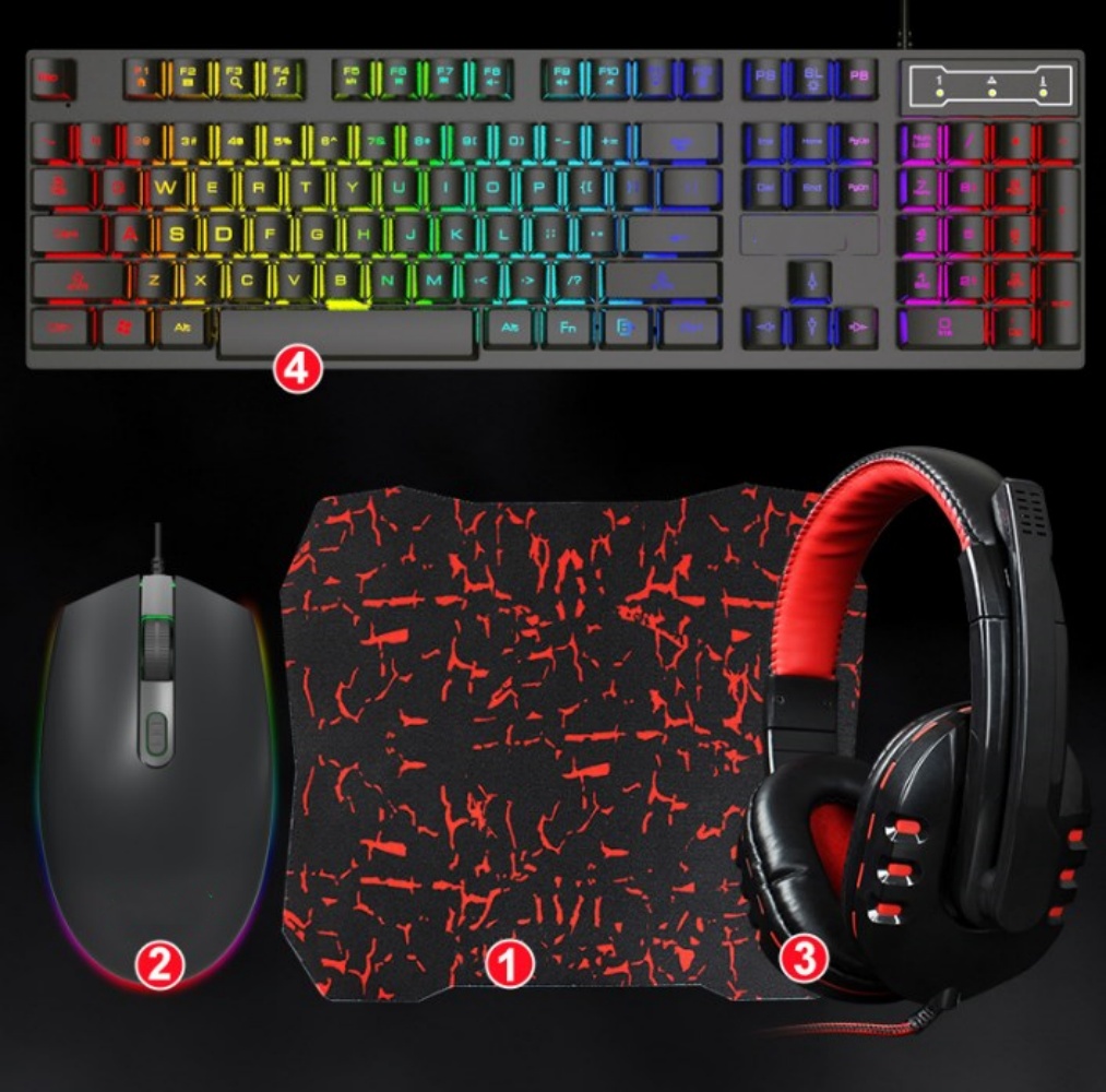 Wired Gaming Keyboard and Mouse Headset Combo, Boriyuan 4 in 1 Gaming Set, Rainbow LED Backlit Wired Keyboard, Over Ear Headphone with Mic, Rainbow Backlit Gaming Mice, Mouse Pad (Black)