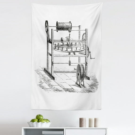 Engineering Theme Tapestry, Monochrome Hand Sketching of Historical Antique Industrial Machine Tools, Fabric Wall Hanging Decor for Bedroom Living Room Dorm, 5 Sizes, White Black, by Ambesonne