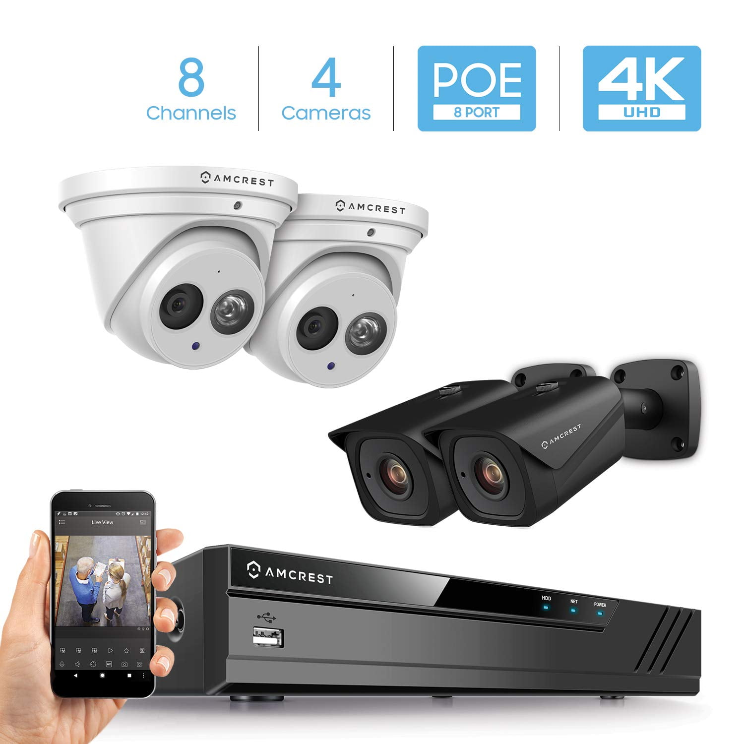 Amcrest 4K Security Camera System w/ 4K 8CH PoE NVR, (4) x 4K (8