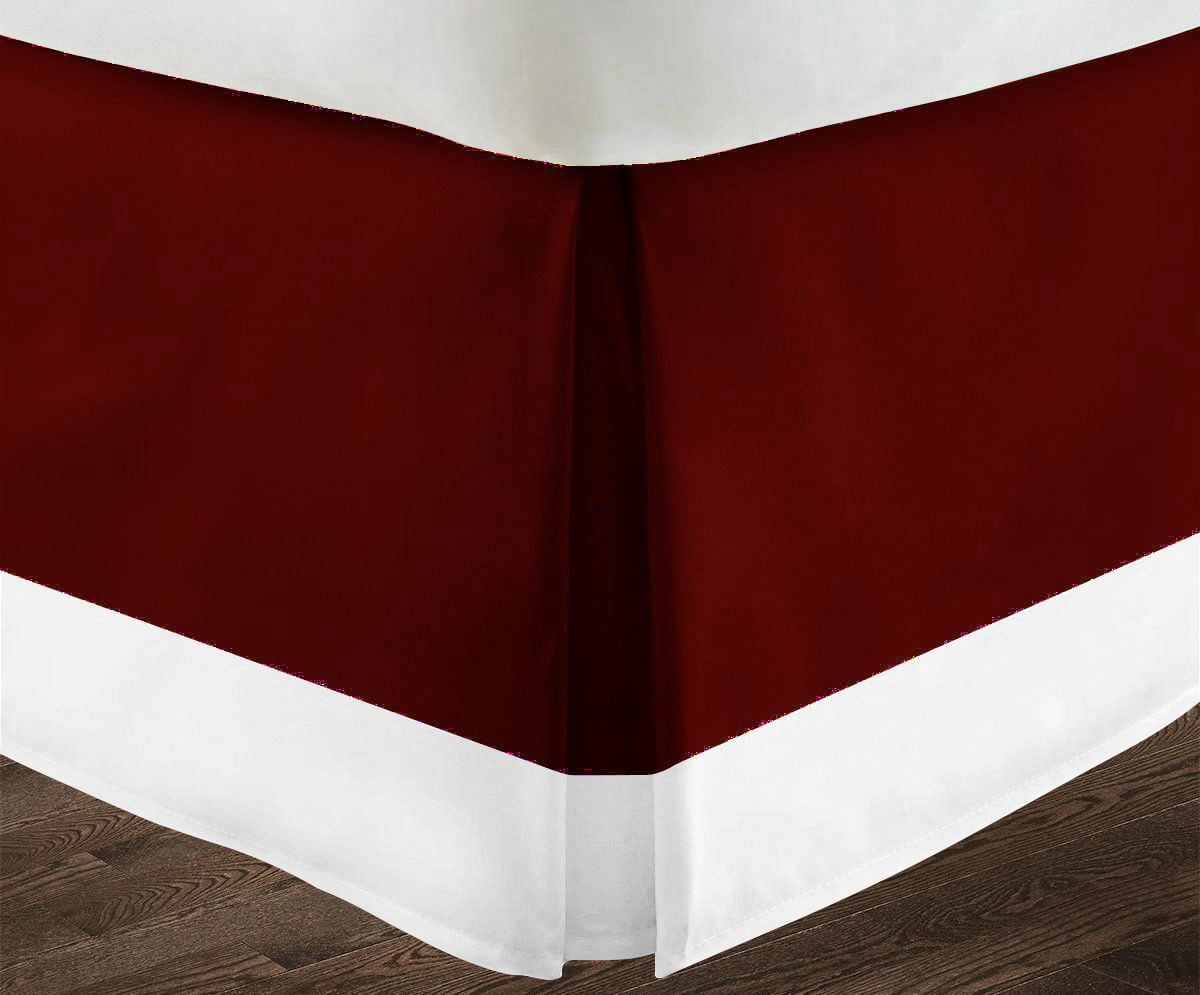 Luxury 1 Piece Split Corner Two Tone Tailored Bed Skirt, King Size 12 Inch Deep Pocket, 100% Egyptian Cotton, 800 Thread Count, Solid White/Burgundy Color.