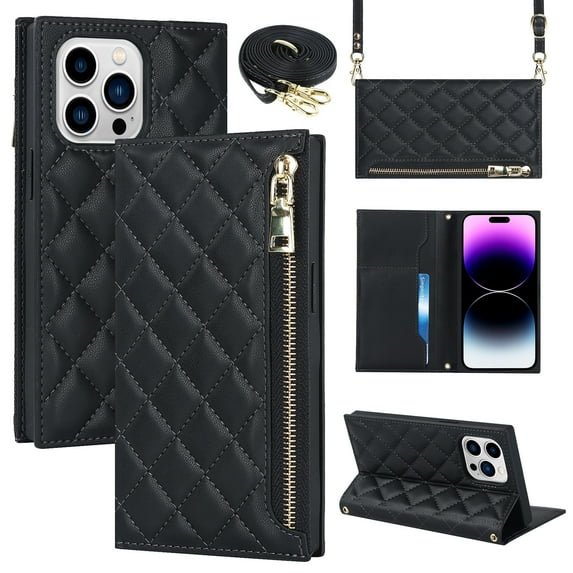 Nalacover Crossbody Wallet Phone Case for iPhone 14 Pro Max,Premium PU Leather Magnetic Closure Flip Stand Card Holder Zipper Pocket Purse Phone Case with Shoulder Strap,Black