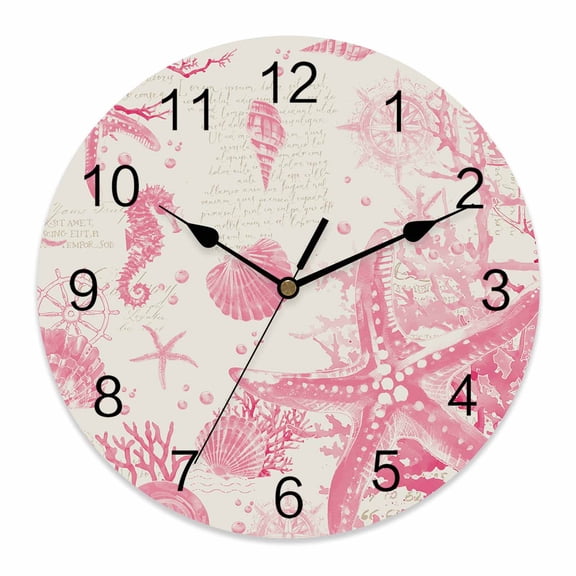 Wall Clock Conch Starfish Clocks PVC Silent Non-Ticking Battery Operated Decorative Pink Shell Seahorse Round Clock for Home Living Room Kitchen Bedroom Office School Wall Decor 10 Inch