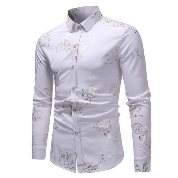 Njoeus Men's Hipsters Gold Rose Floral Printed Dress Shirt Slim Fitted Long Sleeve Button Up Party Prom Shirts