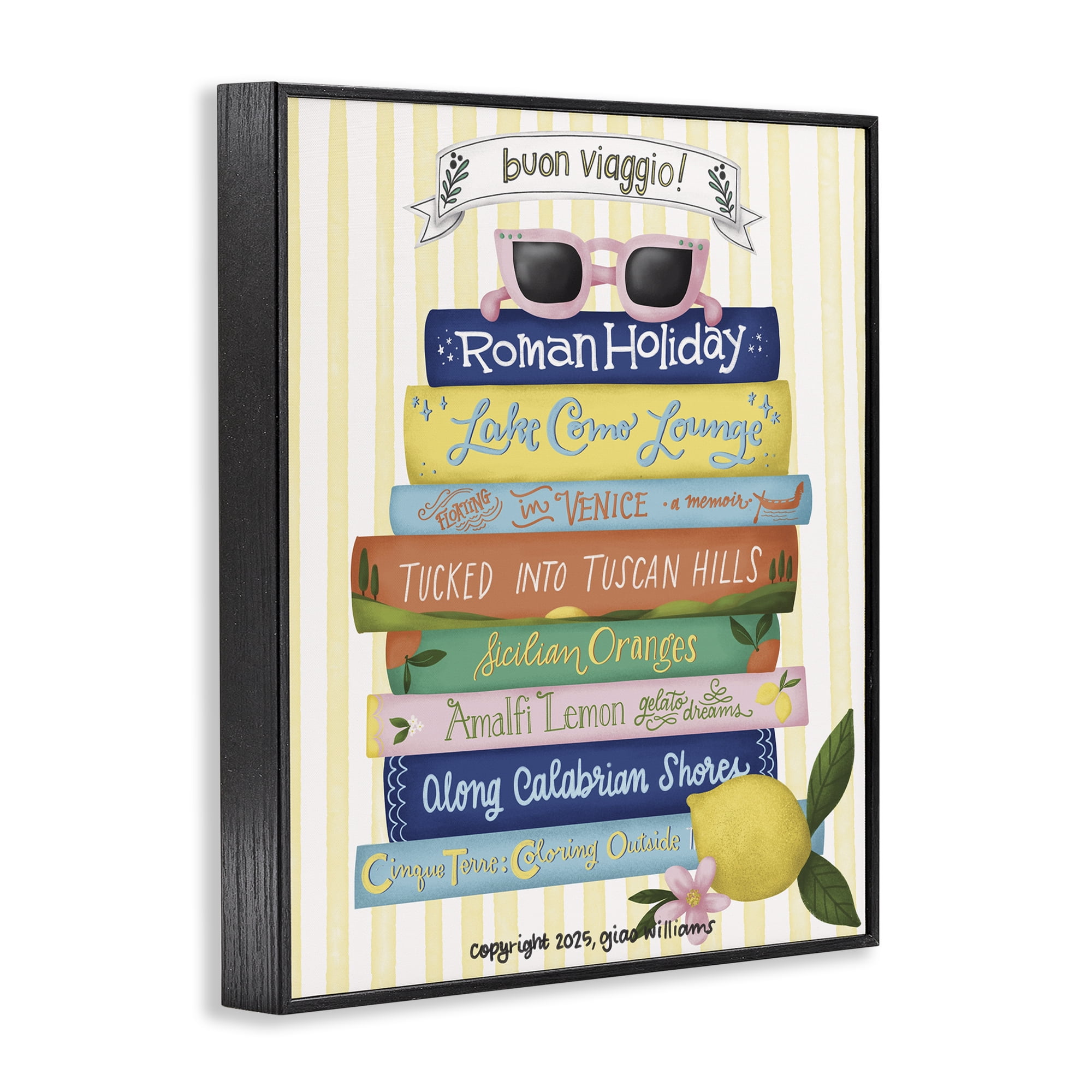 Stupell Industries Buon Viaggio Travel Books Black Framed Giclee Art, design by Giao Williams