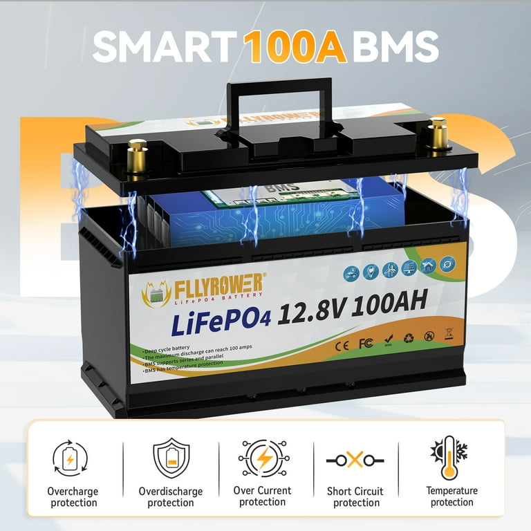 FLLYROWER 12V 100Ah LiFePO4 Lithium Battery, Free Charger, 100A