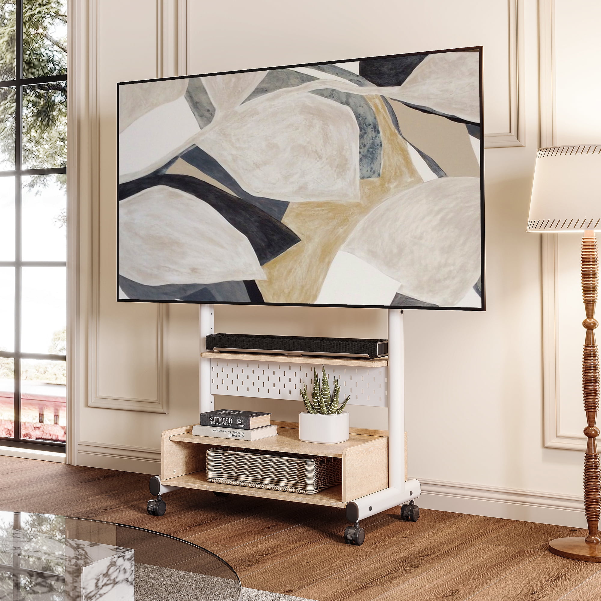 FITUEYES Sturdy Rolling TV Stand with Wheels for 40-85 inch Screens, Height Adjustable Mobile Cart, White