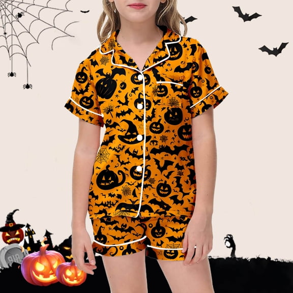 RUTAYY Girls Pajama Set Halloween Pumpkin Bat Web Graphic Graphic Lapel Short Sleeve Top and Shorts Breathable Home Sleepwear Orange