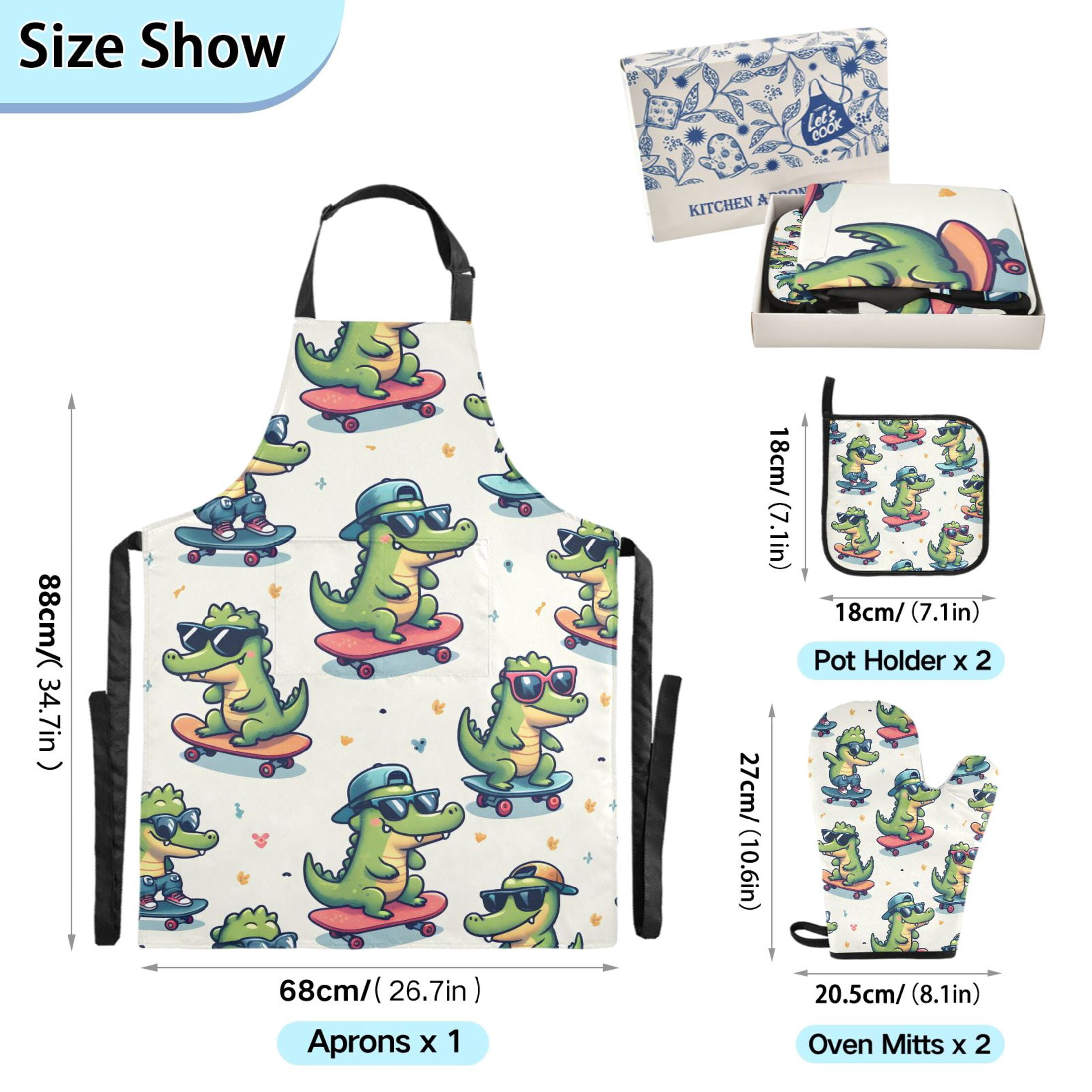 Cool Crocodile with Skateboard 5 Pcs Kitchen Set Heat Resistant Oven Mitts and Non-Slip Pot Holders with Adjustable Cooking Apron