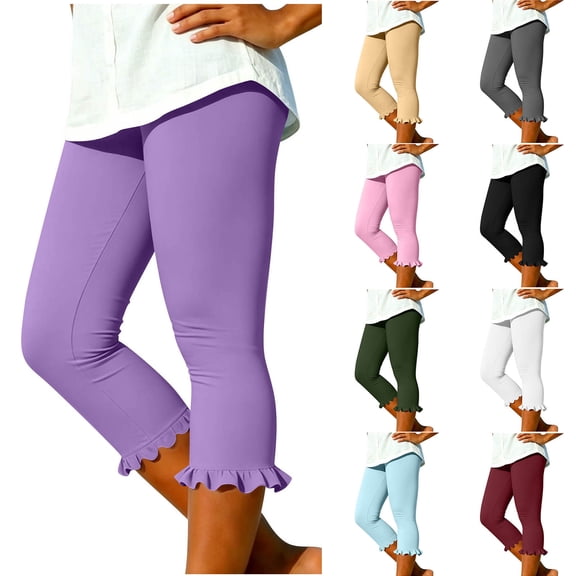 Mgmyaa Women's Ruffle Hem Capri Leggings High Waisted with Pockets 4-Way Stretch Summer Yoga Pants for Active