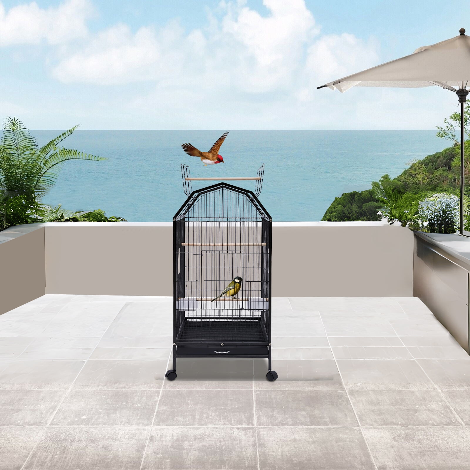 YIYIBYUS Parakeet Bird Cage with Stand Metal Pet Bird Flight Cages Large Finch Bird Cage for Conure Canary Parekette Macaw Finch Cockatoo Budgie Cockatiels Parrot Pet House,Black