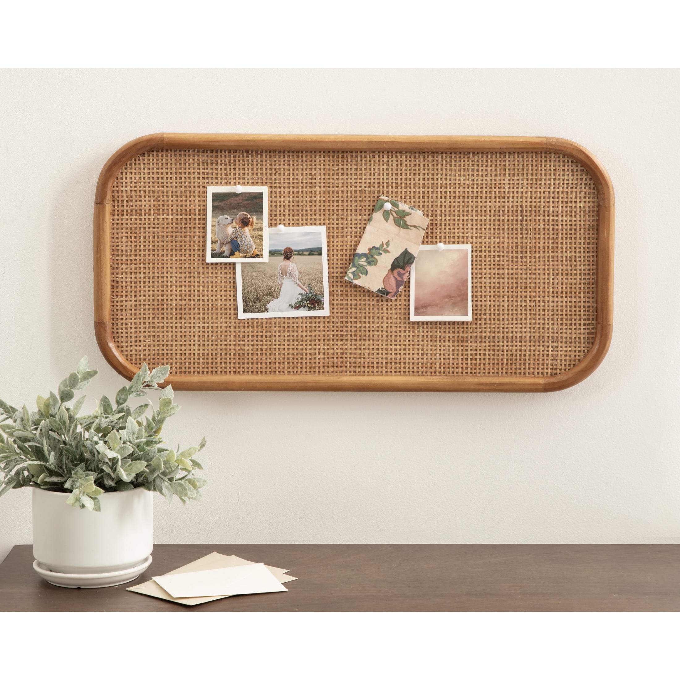 Kate and Laurel Planche Modern Rattan Wall Pinboard, 12 x 24, Natural Wood, Boho Rounded Rectangle Wall Organizer for Use as Cork Board, Vision Board, or Bulletin Board