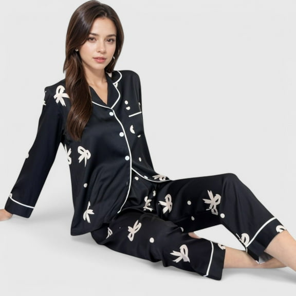 Lounge Women's Printed Satin Pajama Set with Button-Up Long Sleeve Top and Piping Detail - Medium, Black