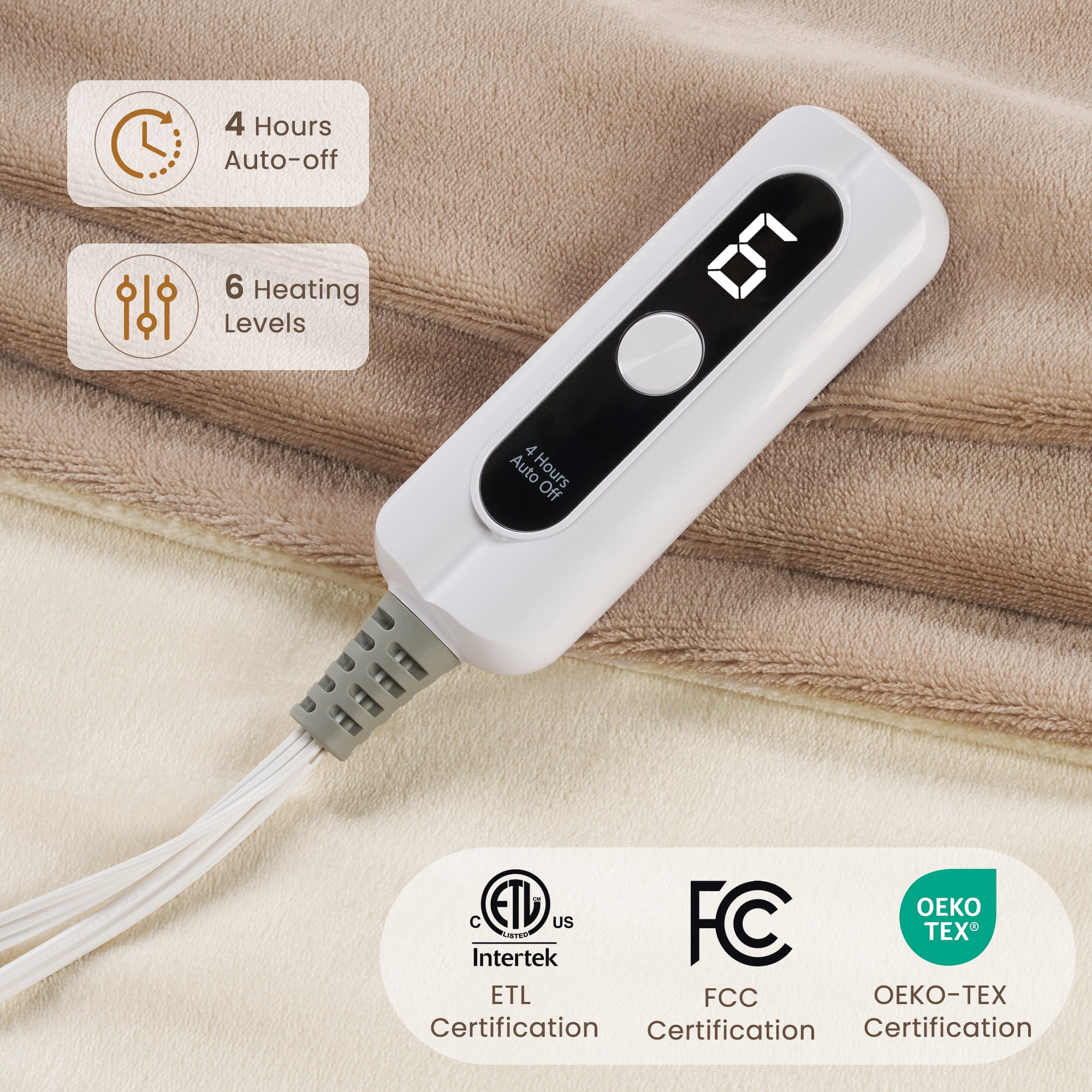 MaxKare Heated Blanket 50" x 72" Electric Throw with 6 Heating Levels & 4H Auto-off, Line