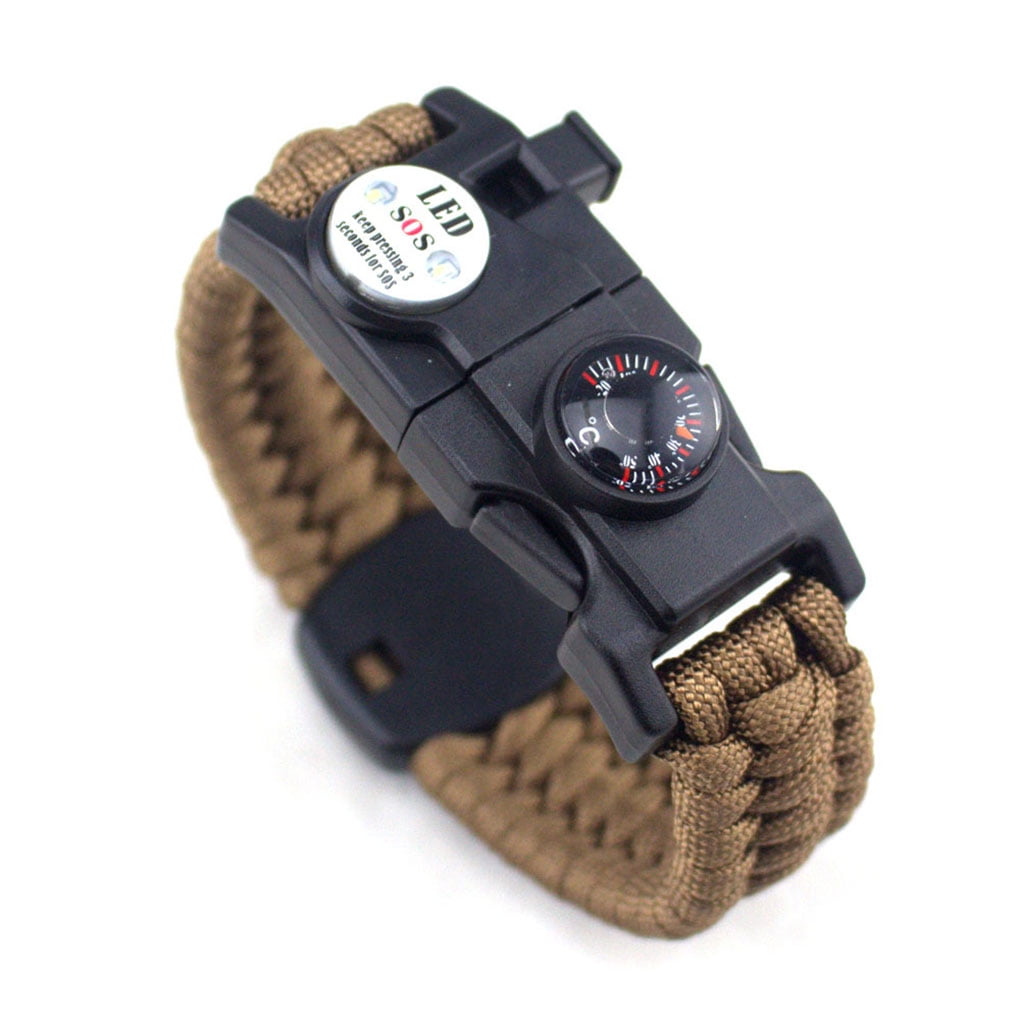 Survival Paracord Bracelet Gear SOS LED Light Compass Fire Starter Whistle Kit 