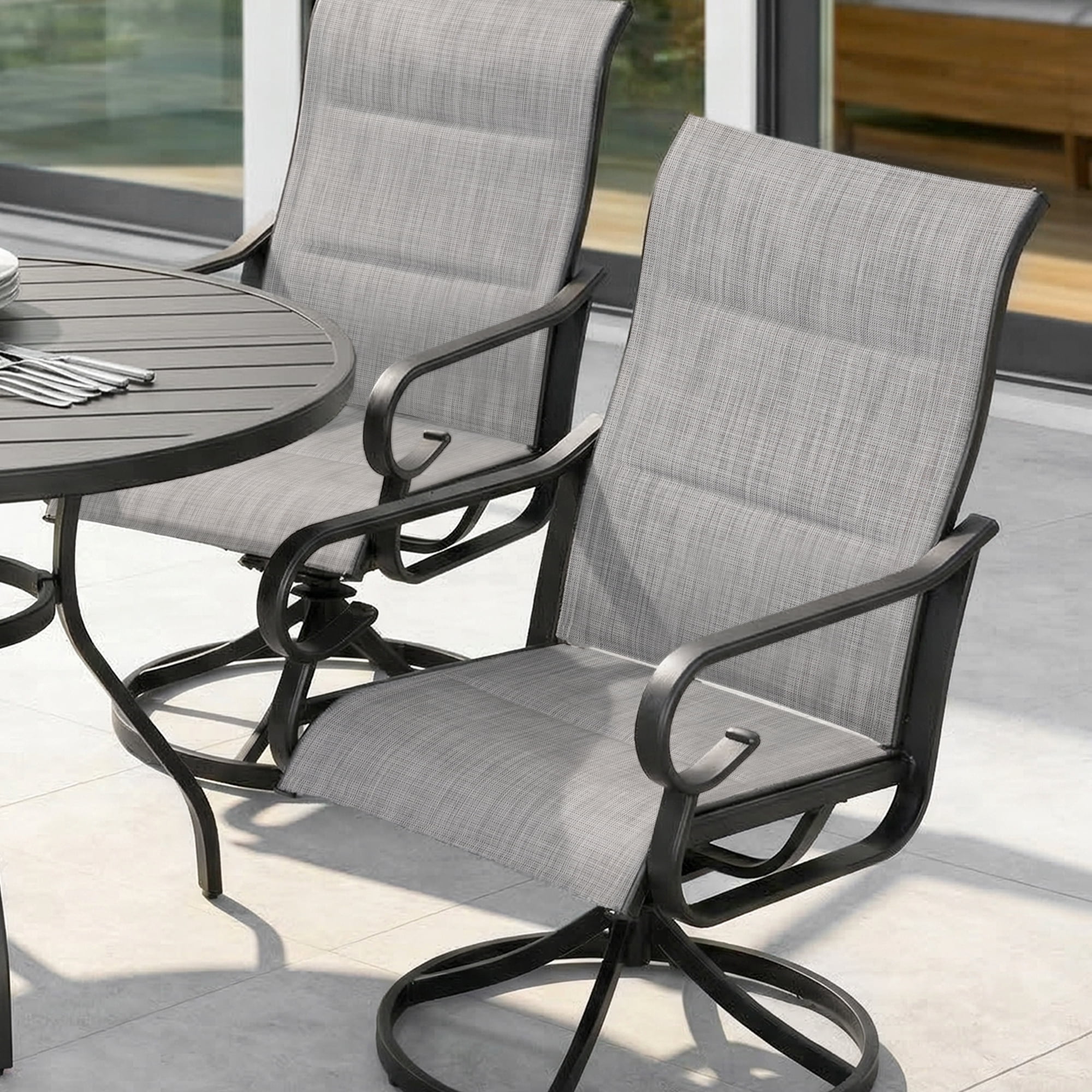 Nuu Garden 5-Piece Outdoor Dining Set, Padded Textilene Patio Table and Chair Set with Swivel Base, Outdoor Furniture Set with Umbrella Hole, Patio Dining Table Set for Garden, Backyard, Light Gray