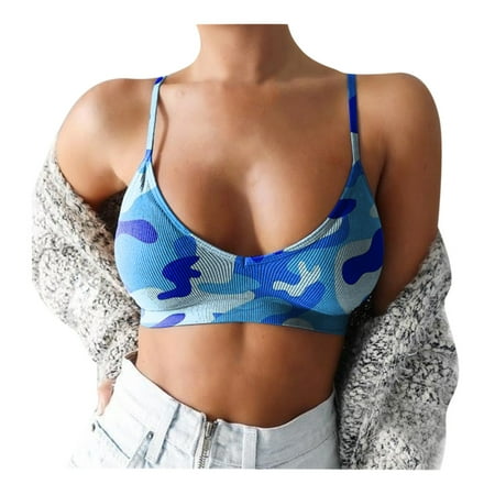 Ukumplol Sports Bras for Women Support Breast Camouflage Print Tank Top Spaghetti Strap Plus Size Women Sports Bra Bralettes for Women Push Up Bras for Women Sleep Bras for Women Blue M