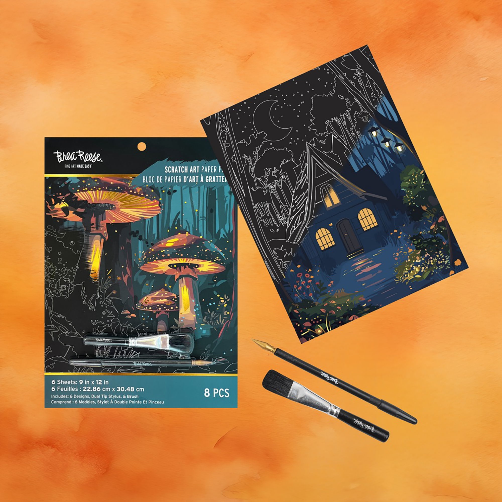 Brea Reese: Scratch Art Paper Pad - Magical Forest - 6 Designs, Guided Art, Metallic Accents, Stylus & Brush, Perforated 9x12" Pages, DIY Adult Craft