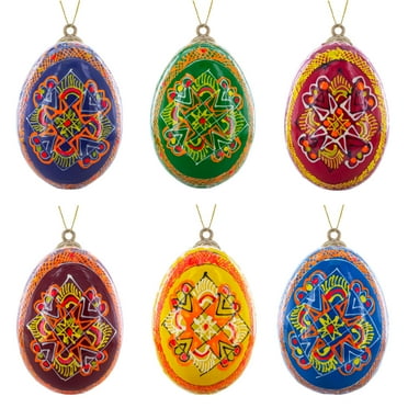 Set of 6 Hand Painted Ukrainian Wooden Easter Egg Ornaments 2.5 Inches