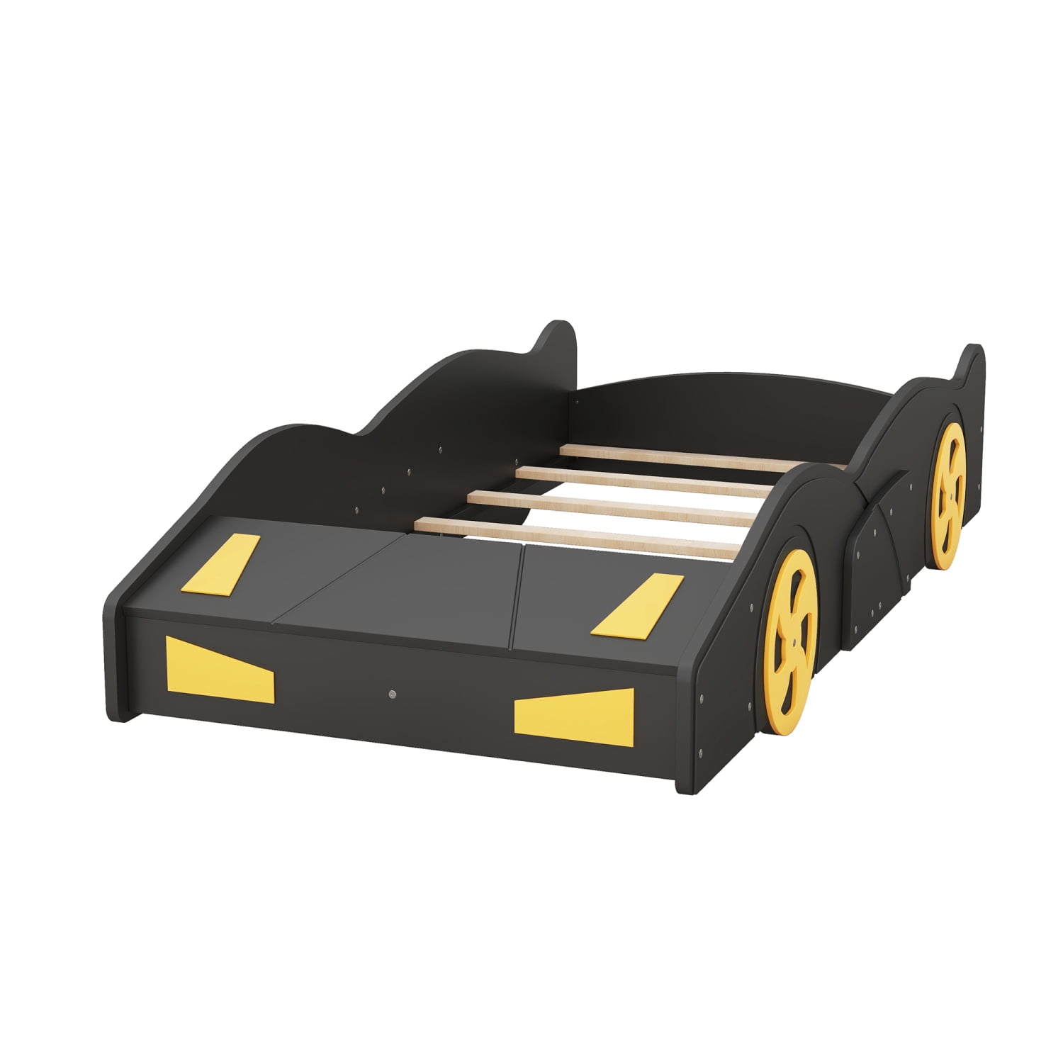Harper & Bright Designs Twin Size Race Car Bed Platform Bed for Kids, Wood Car-Shaped Kids Bed Frame with Storage and Wheels for Boys Girls, Black