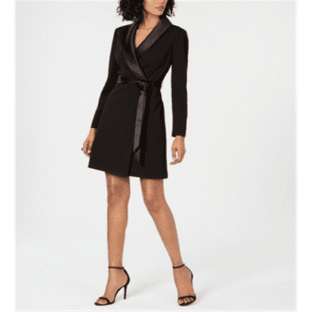 Adrianna Papell Women's Long Sleeve Crepe Dress with Tuxedo Collar Black Size 10
