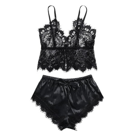 

BIZIZA Lace Pajamas Set Nightwear Lingerie for Women Sexy Cami Crop Top and Shorts Sets Pj Set Two-Piece Sleepwear Loungewear Black M