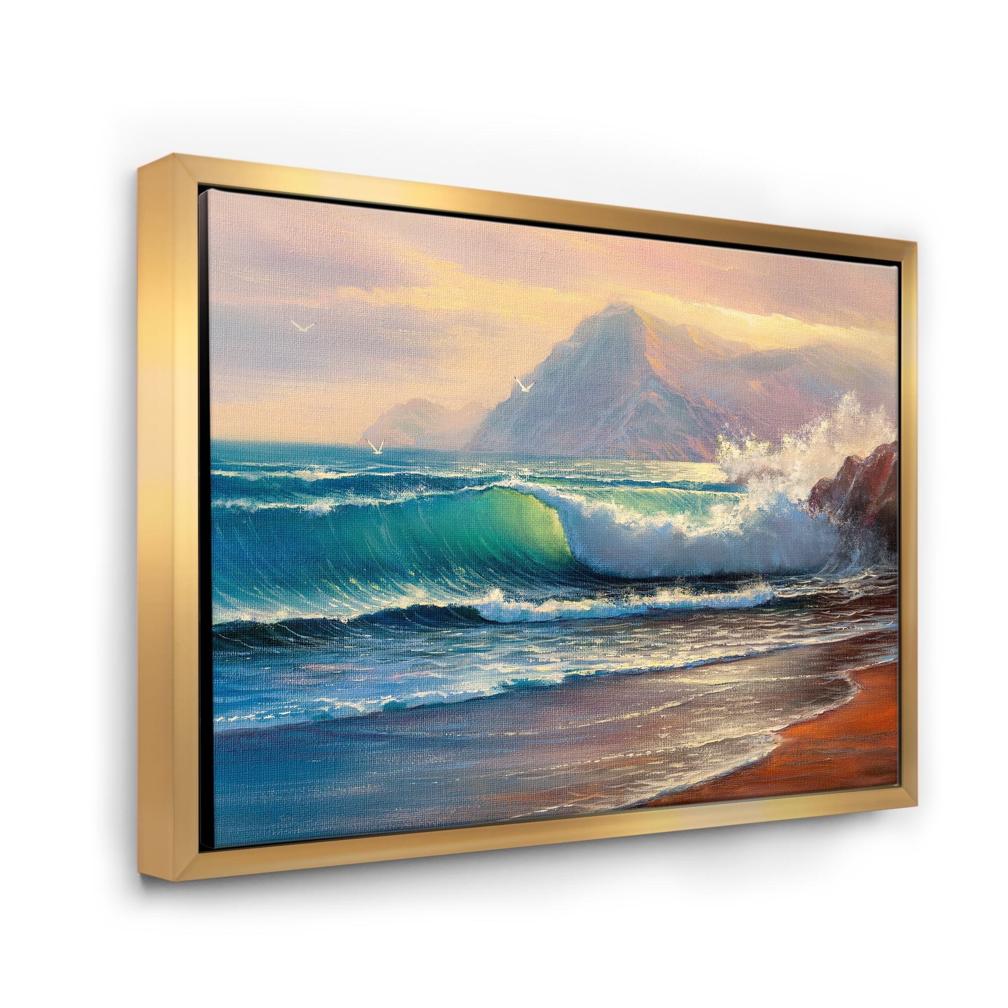 Designart 'Sunrise Glow On The Sea Waves III' Nautical & Coastal Framed Canvas Wall Art Print
