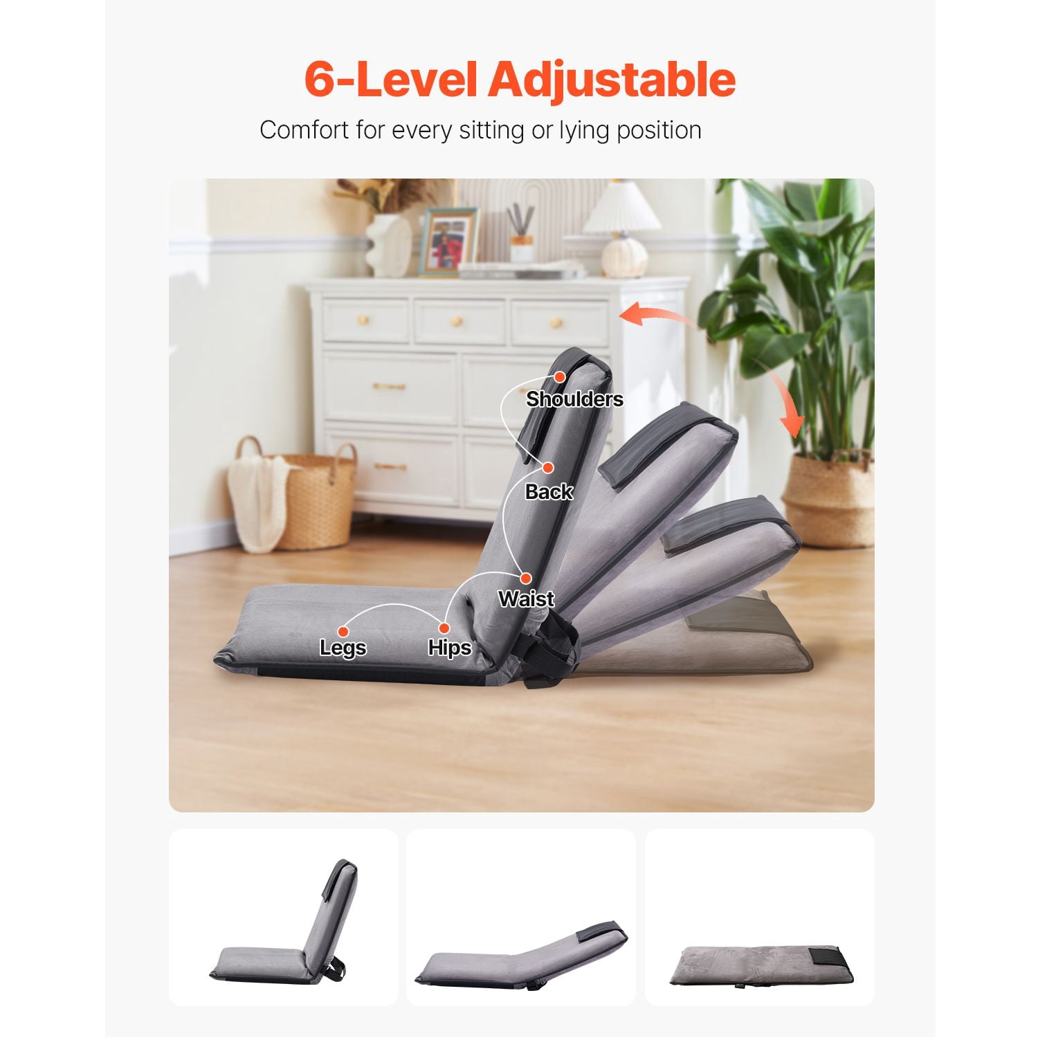 Adjustable Floor Chair with 6 Recline Positions, High-Density Foam, Suede Fabric, Foldable, for Reading Gaming Relaxing