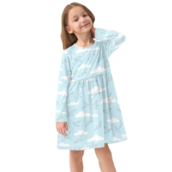 Girls Dress Soft Casual Long Sleeve Cute Dress for Girls Fashion Prints Pigeon Crew Neck
