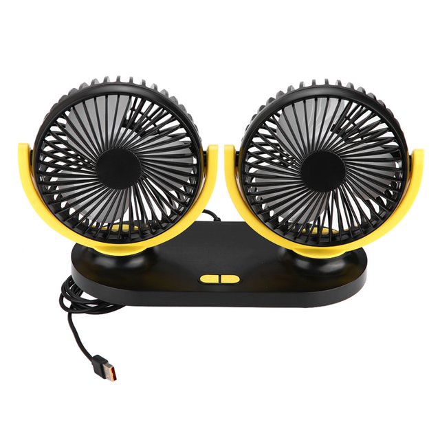 Ventilador de coche con doble cabezal USB, aire acondicionado portátil, ventilación automática, 12V, negro y amarillo