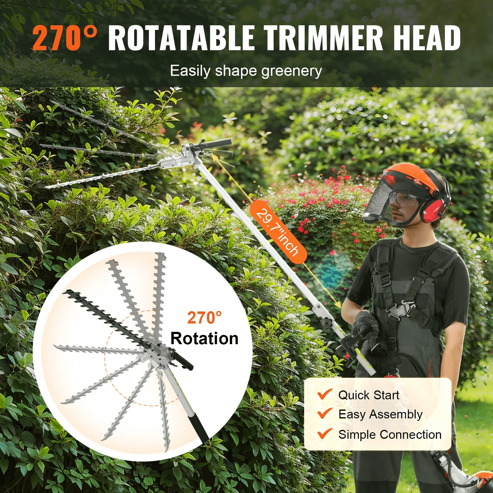 33CC 6-in-1 Multi-Functional Trimming Tools, Gas Hedge Trimmer, Weed Trimmer, String Trimmer, Brush Cutter, Edger, Pole Saw Chainsaw Pruner with Extension Pole