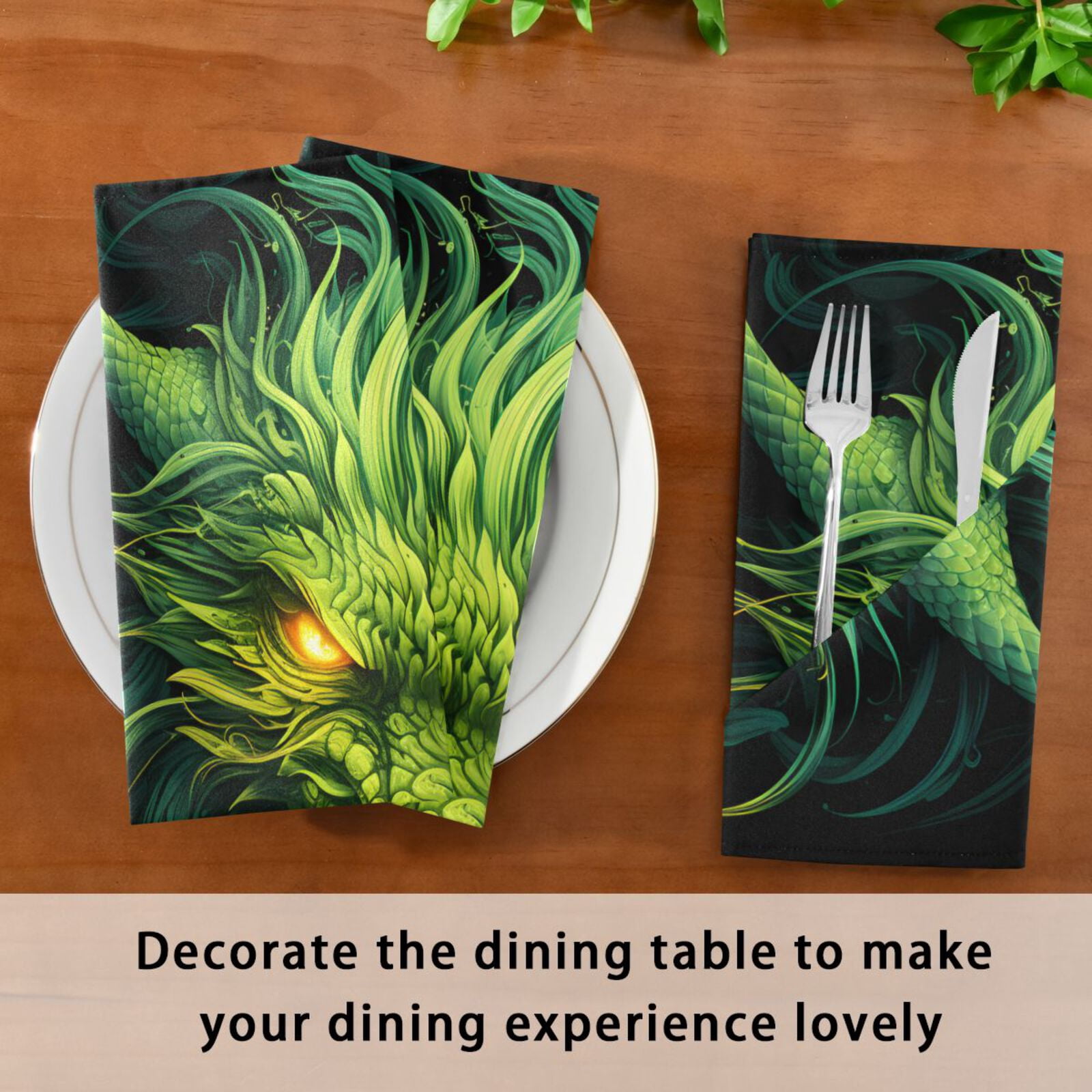 JSTEL Green Dragon Cloth Napkins Set of 6, 20x20 Inch Washable and Reusable Napkin for Decoupage Dinner Party Everyday Use
