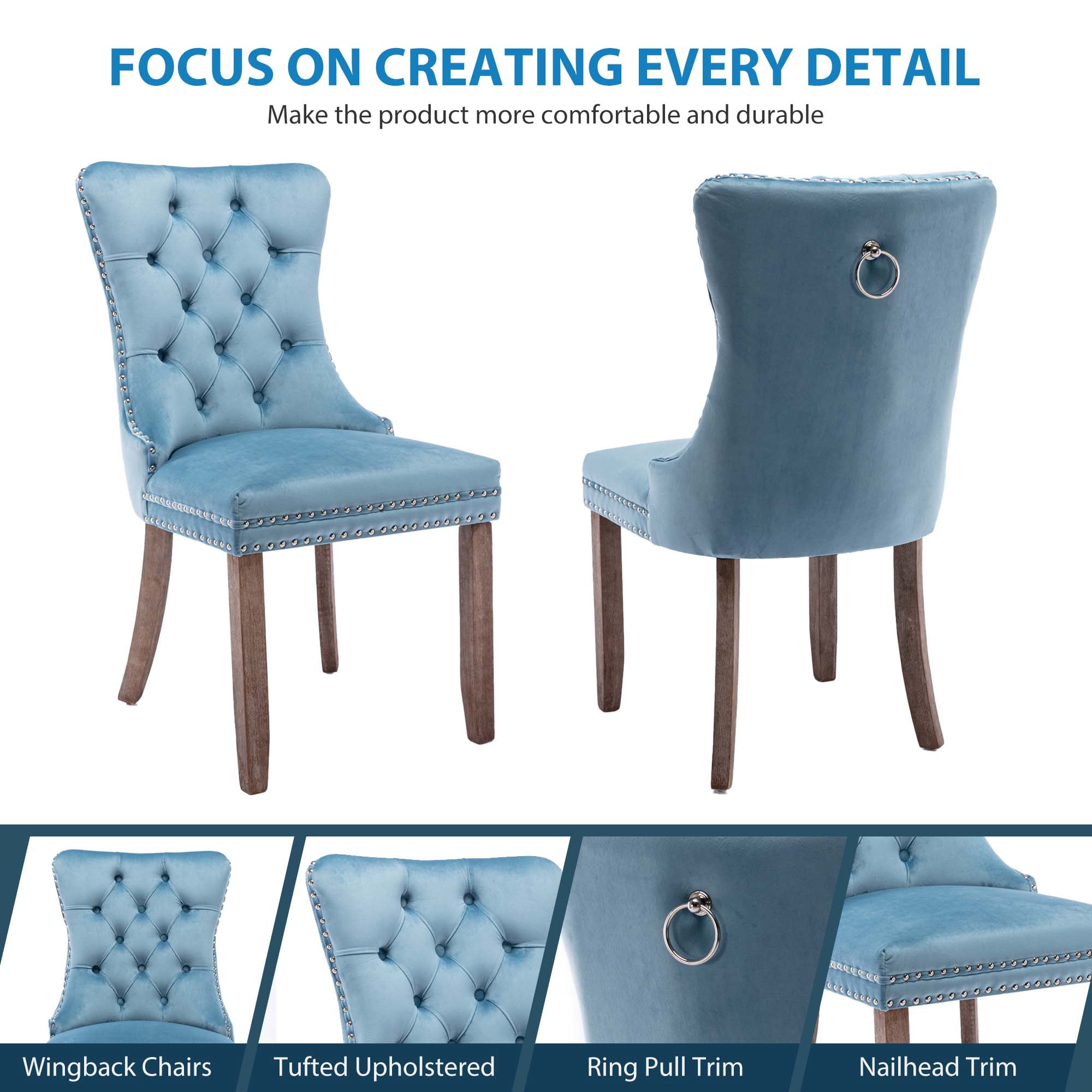 Aukfa High-End Upholstered Dining Chairs Set of 2, Modern Tufted Solid Wood Side Chair with Nailhead Trim - Light Blue