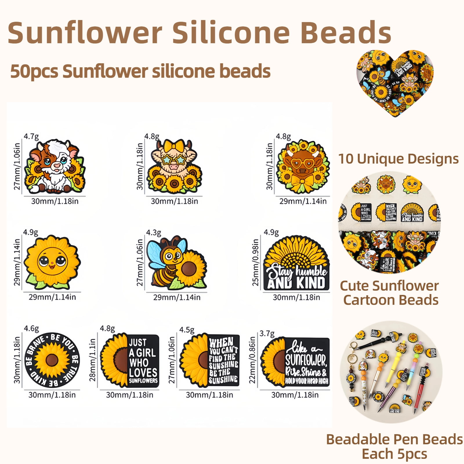 50PCS Sunflower Silicone Focal Beads for Keychain Making, DIY Bracelets, Pen Decor - Cute Floral Beads Jewelry Craft Supplies,Handmade Necklace Multi-Use Projects