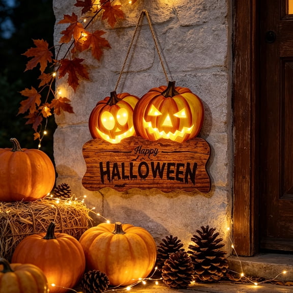 Fufafayo Holiday Wooden Hanging Sign LED Light, Pumpkin Wall Art Decor Outdoor Indoor, Glowing Spooky Porch Door Decoration, Rustic Farmhouse Holiday Party Ornament for Yard, Garden, Home Front Door