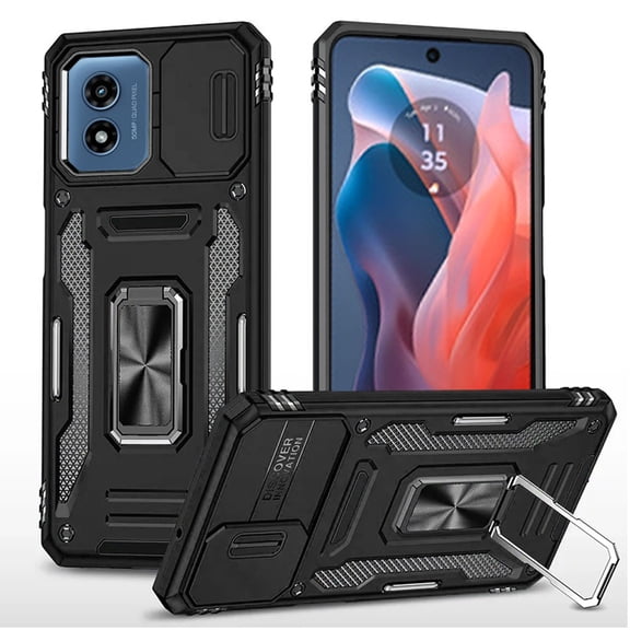 Designed for Motorola Moto G Play 2024 Hybrid Case with Rotation Ring Stand Shockproof & Movable Camera Window TPU Armor Dropproof Phone Case Cover [Black]