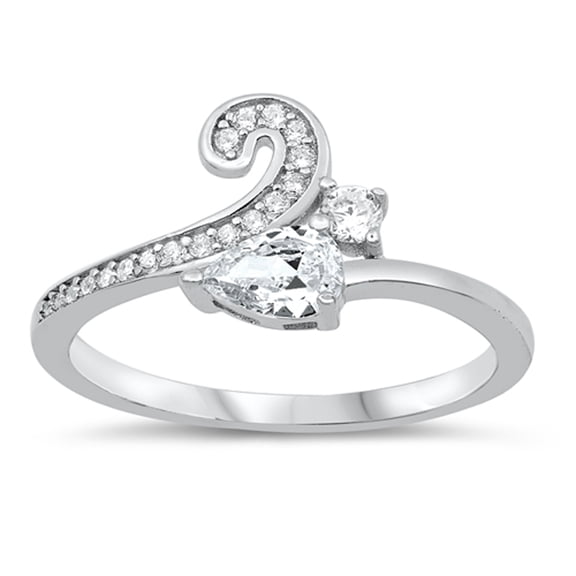 Clear CZ Teardrop Wave Swirl Statement Ring .925 Sterling Silver Band White Female Size 9