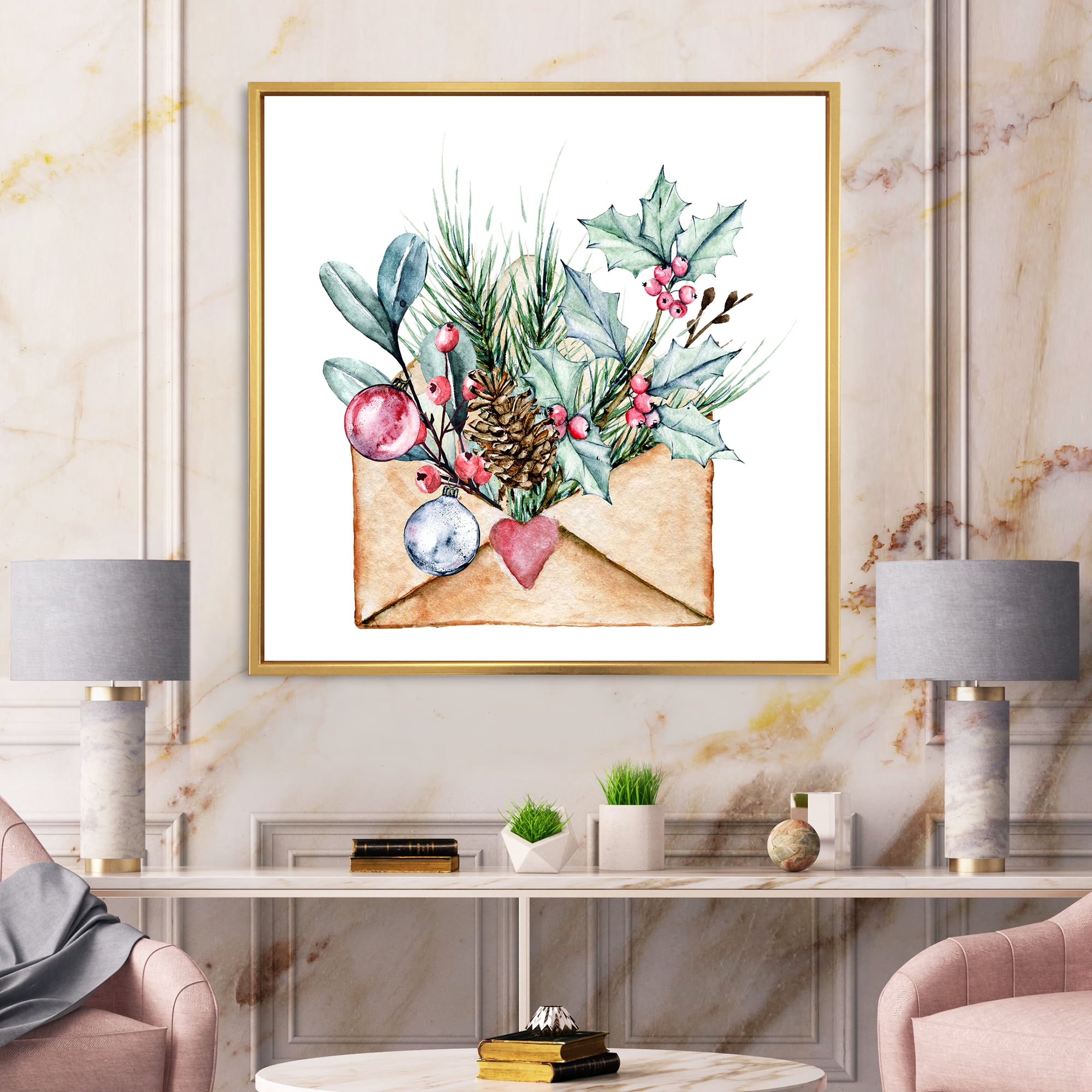 Designart 'Merry Christmas Greeting Card Envelope' Traditional Framed Canvas Wall Art Print
