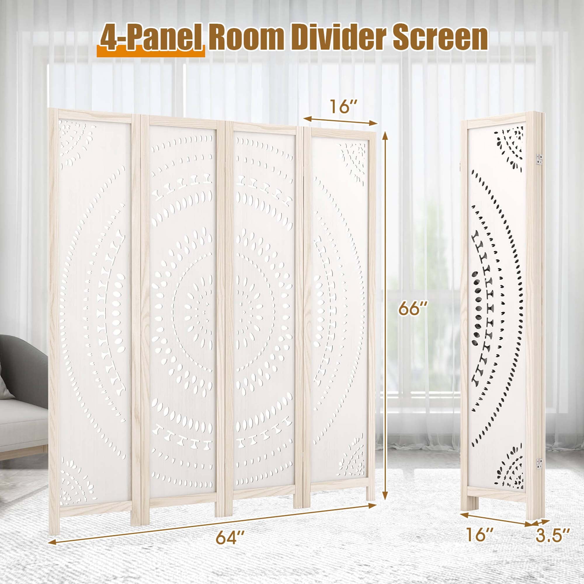 Costway 66" Boho 4-Panel Room Divider with Carved Pattern & Solid Wood Frame 360° Hinges
