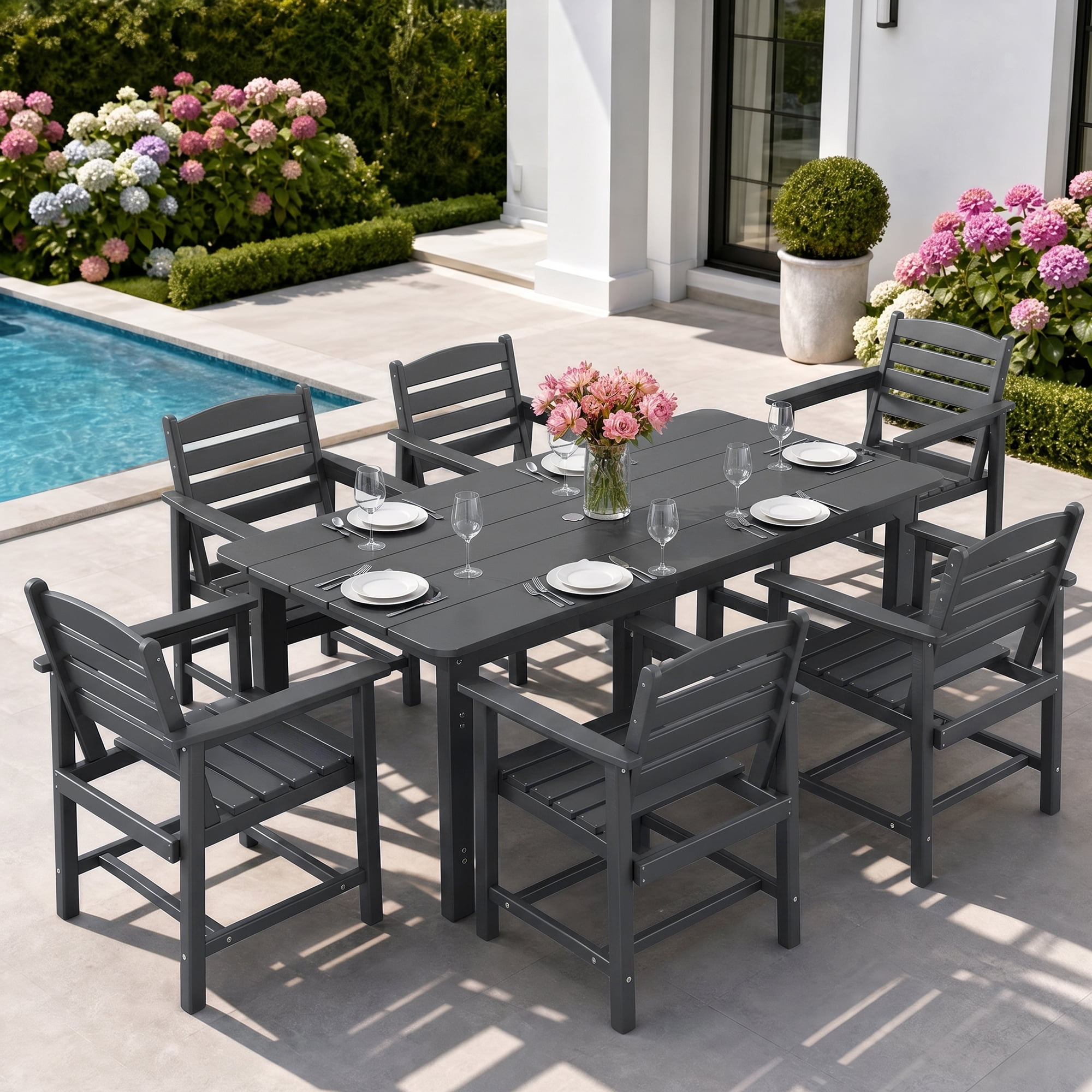 FOOWIN 7-Piece Patio Dining Set, HDPE All-Weather Outdoor Furniture with 6 Chairs and 1 Table, Grey