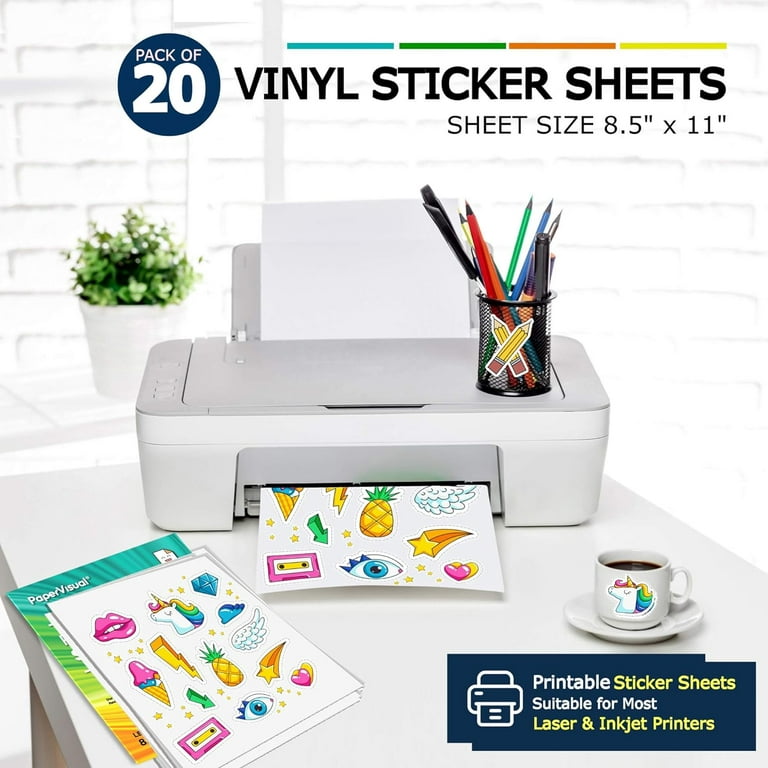 PAPERVISUAL Printable Permanent Vinyl Paper - 20 Sticker Sheets For Printer  - Matte White Waterproof Sticker Paper - Thick Tear-Resistant Sticker  Printer Paper - Laser, Inkjet Printable Sticker Paper 20 Sheets Pack 