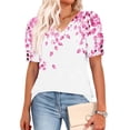 thumbnail image 4 of Staron Spring Summer Women's Printed Tops Casual V-Neck Button Down Shirt Short Sleeve Blouse, Pink M, 4 of 6