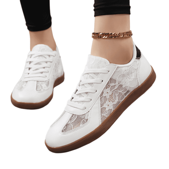 Womens Sport Sneakers Lace Flower Embroidered Breathable Comfort Round Toe Lace-Up Walking Tennis Shoes